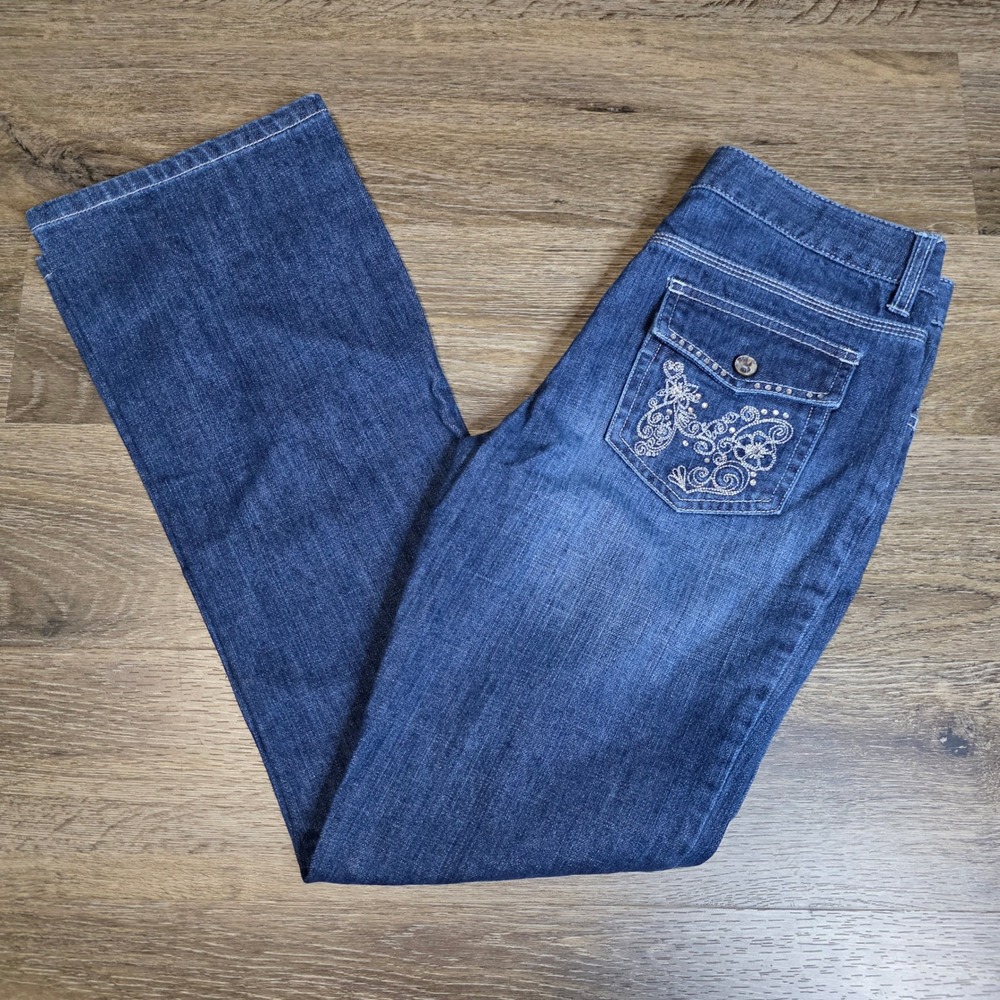 Carhartt Womens 30x31 Flare Jeans Blue Embroidered Rhinestone Heart Button Pock